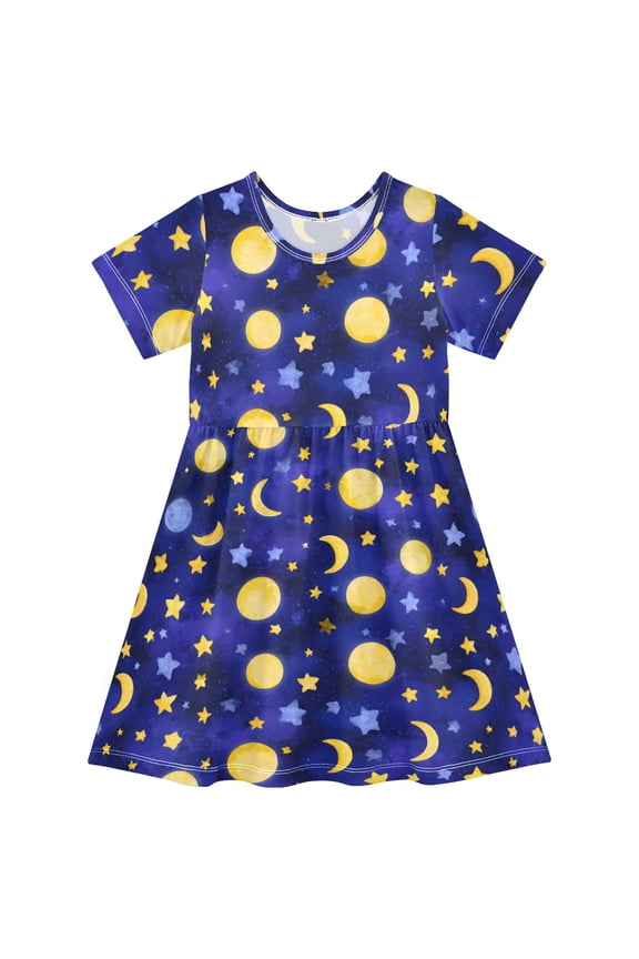 Blue Moon Stars Girls Short Sleeve Dress A Line Sun Protection Breathable Comfort Sundress 3T