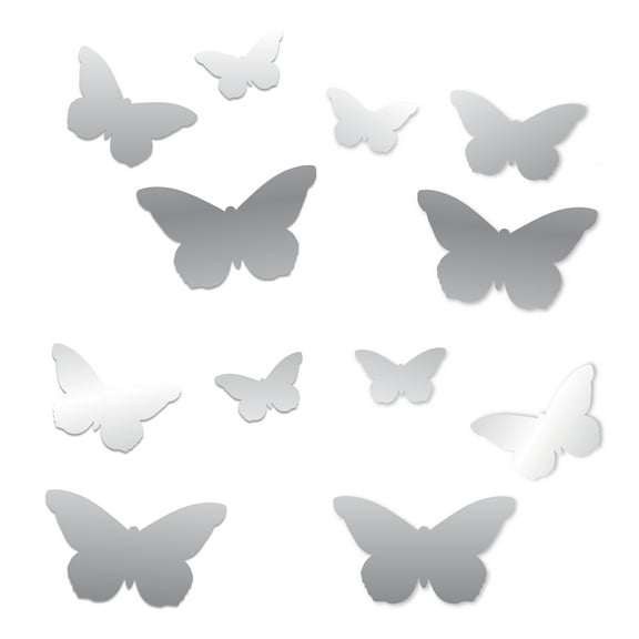 Blue Moon Studio 12Pc Peel & Stick Self-Adhesive Silver Butterfly Wall Mirror Decals (Pack OF 3)
