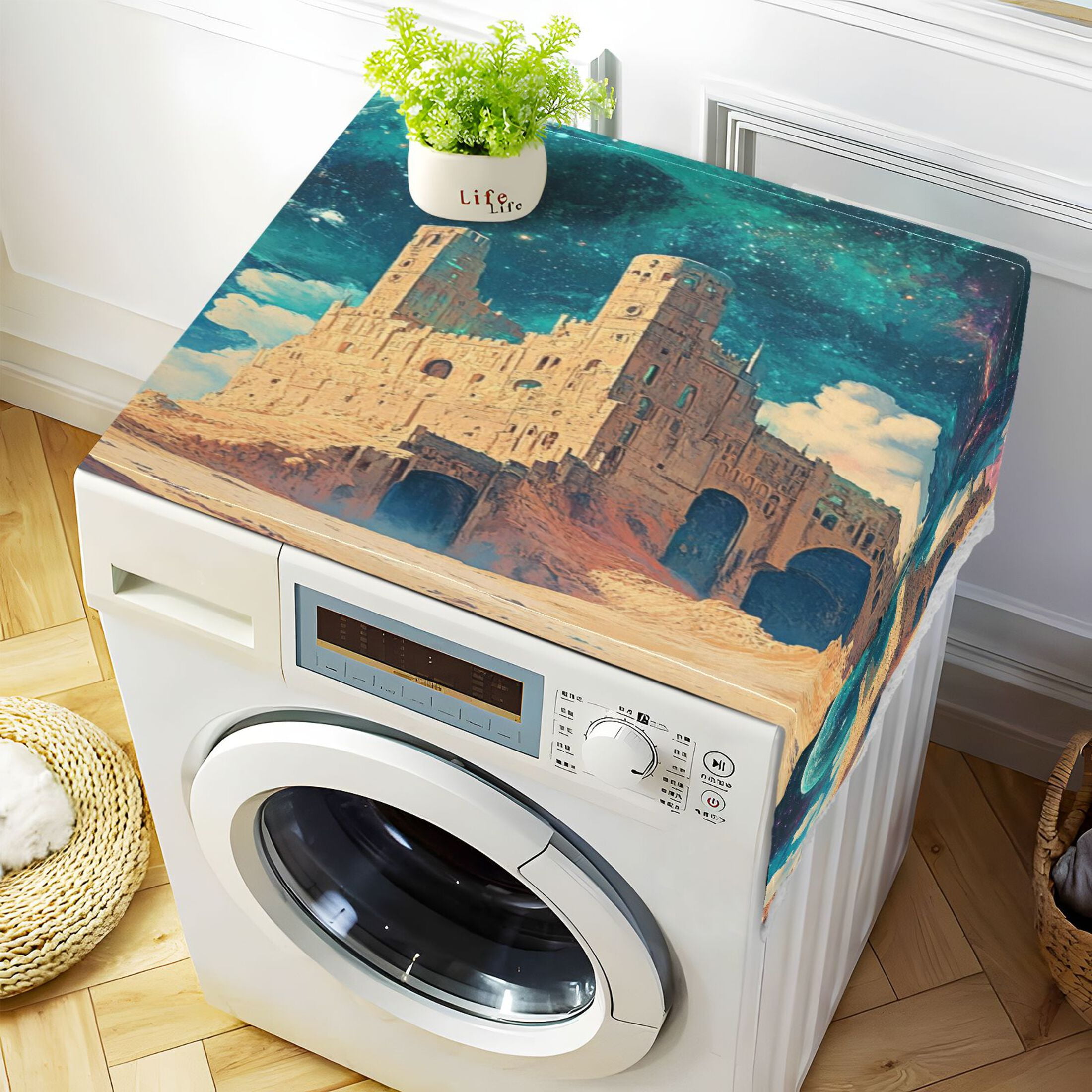 Blue MoonWasher and Dryer Covers Dust-Proof and Oil Resistant Fridge Cover with 4 Storage Pockets Washing Machine Top Cover for Laundry Kitchen Home 51.2 x 22 In