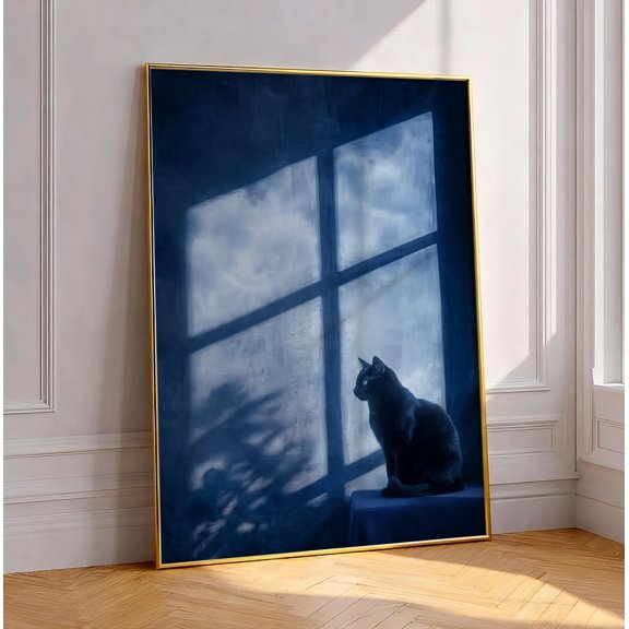 Blue Moonlight Black Cat Print Window Shadow Painting Dark Academia Wall Art Minimalist Mystical Feline Poster Moody Gothic Home Decor