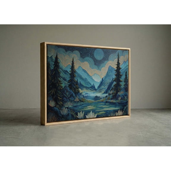 Blue Moonlit Lake And Pines Serene Night Forest Wall Art Unframed Paper Print