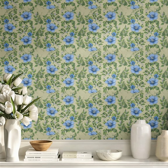 Blue Morning Glory Floral Peel and Stick Wallpaper, Sage Green Background Vintage Flower & Leaf Pattern Self‑Adhesive Wall Covering, Botanical Farmhouse Wall Decor for Bedroom, Living Room, Apartment