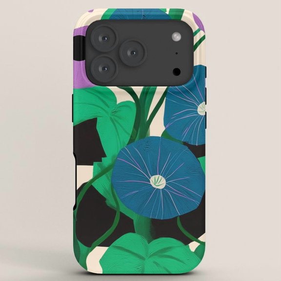 Blue Morning Glory Flowers and Green Vines Tough iPhone Case, Dual-Layer Polycarbonate and TPU