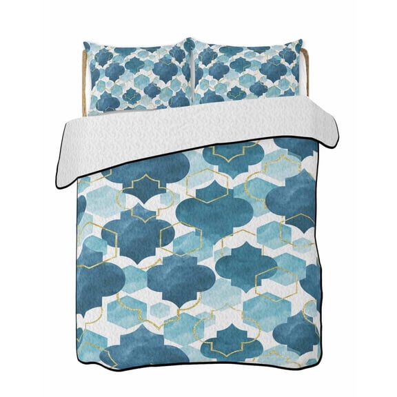 Blue Moroccan 3 Piece Quilt Bedding Set with 2 Pillow Shams, Abstract Gradient Gold Blue Geometric Lightweight Bedspread Coverlet, Soft Breathable All Season Quilt, 68 x 86 Inch