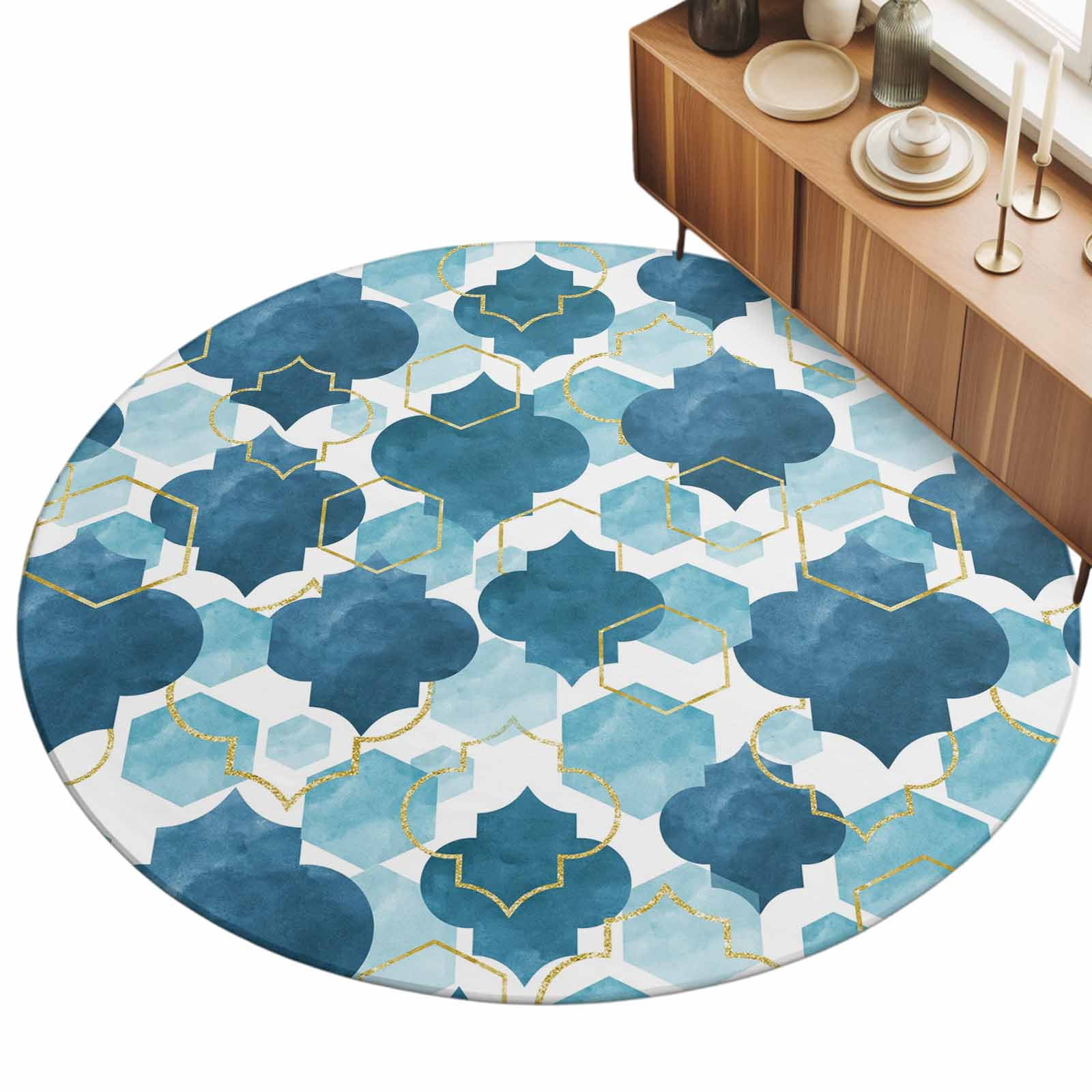 Blue Moroccan 5ft Non Slip Round Area Rug Abstract Gradient Gold Blue ...