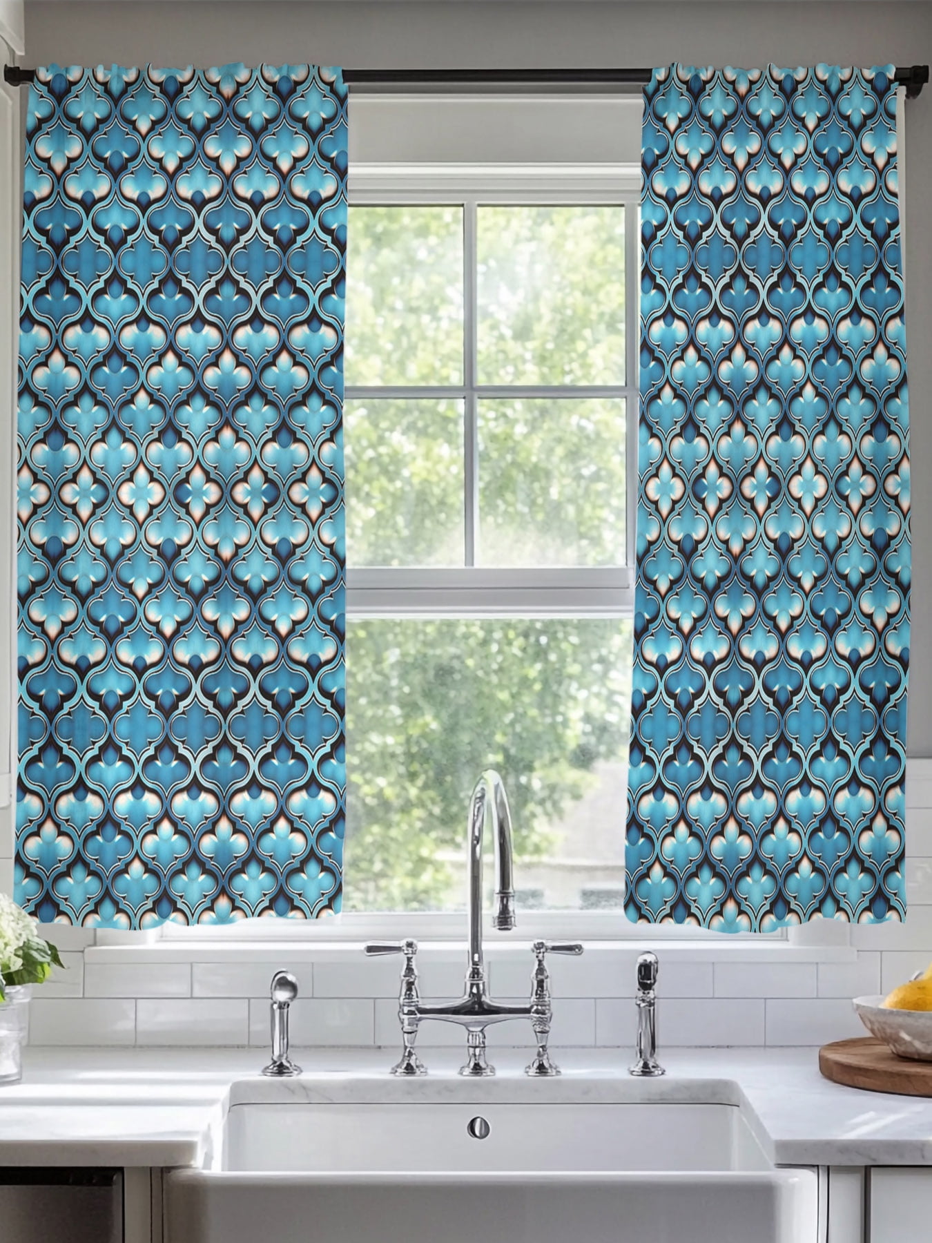 Blue Moroccan Abstract Plaid Chiffon Sheer Curtains 72 Inches Long ...