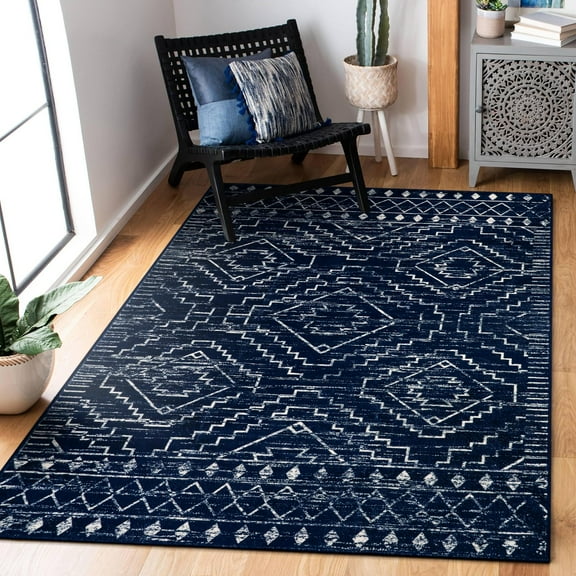 Blue Geometric Moroccan Rug 3x5, Washable Non-Slip Entryway Mat, Soft Low Pile Farmhouse Carpet for Bedroom Kitchen Basement, Scandinavian Accent