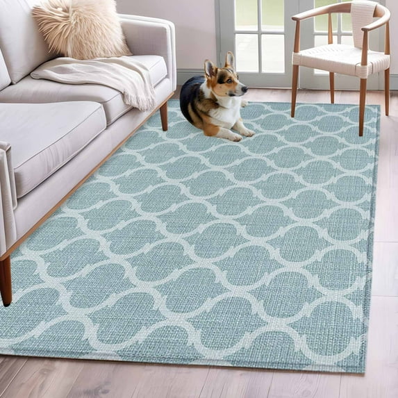 Blue Moroccan Area Rug 4x6 Washable Rug Non Slip Retro Country Geometric Quatrefoil Plaid Large Area Rug Indoor Floor Carpet for Entryway Bedroom Kitchen Living Room Home Office Dining Room Nursery
