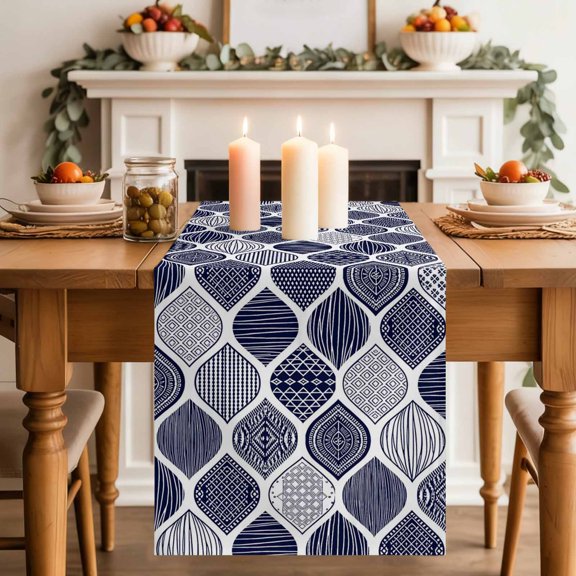 Blue Moroccan Geometric Pattern Table Runner 70 Inches Long,Kitchen Dining Tablerunners Traditional Ethnic Style Linen Table Runners Dresser Scarves for Home Dinner Wedding Holiday Party Decor