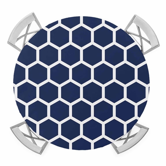 Blue Moroccan Hexagon Elastic Fitted Round Table Cover Geometric Art Waterproof Outdoor Tablecloth for Holiday Party, Picnic, Patio & Dining Fits Tables Up to 45"-54"