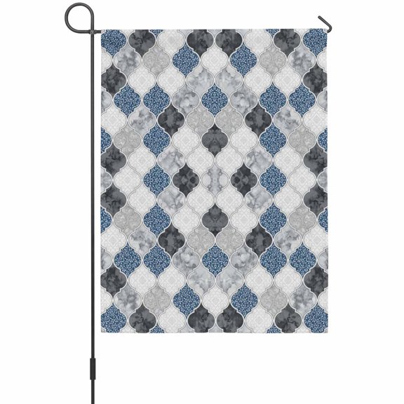 Blue Moroccan Plaid House Flags For Outdoor, Modern Abstract Exotic Geometric Black Checkered Small Double Side Yard Flags Weather Proof House Decor for Lawn Outside Holiday 28 x 40 Inches