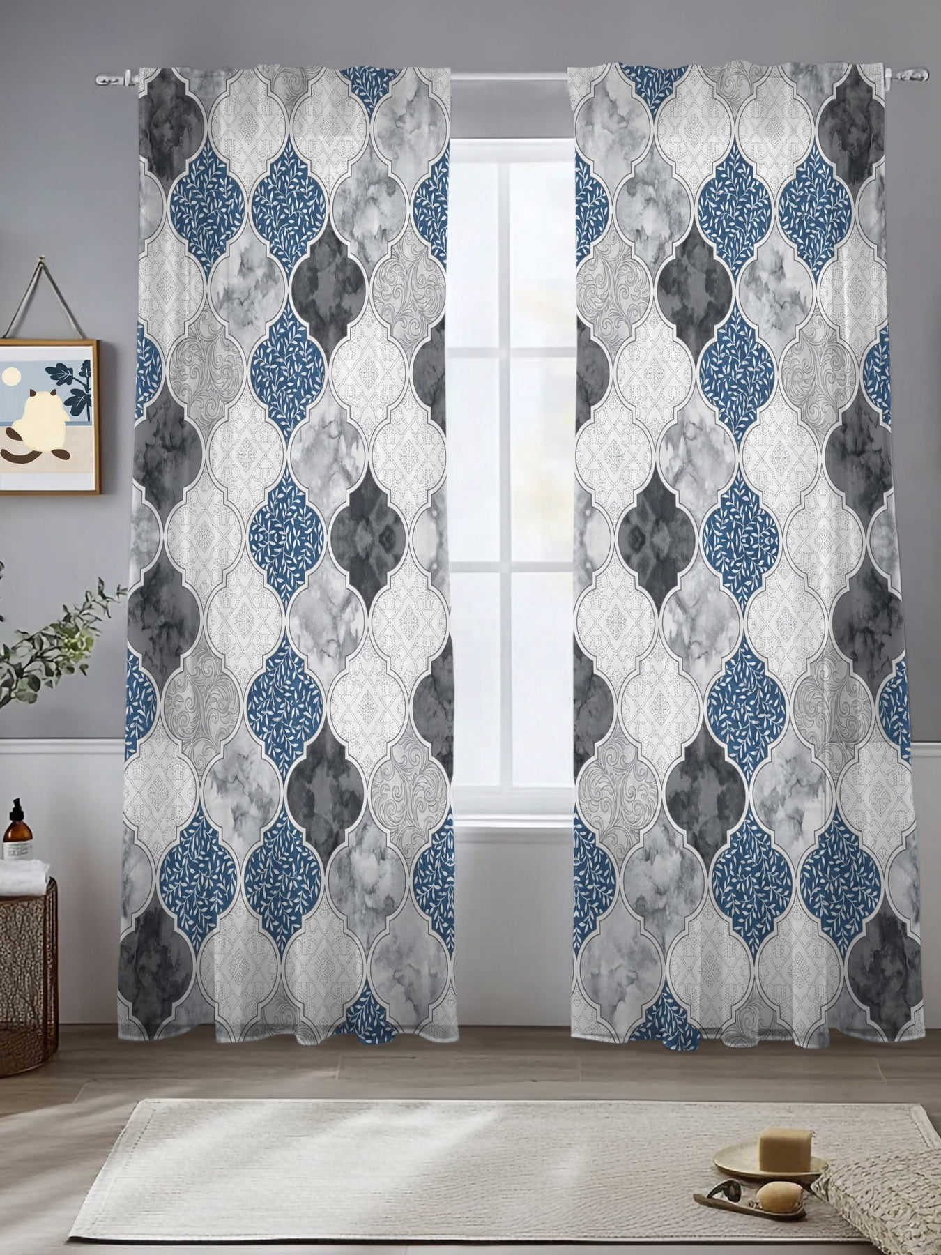 Blue Moroccan Plaid Sheer Curtains 84 inches Long, Modern Abstract ...