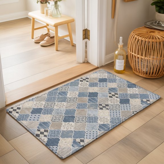 Blue Moroccan Shield 2'x3' Small Rugs for Entryway Front Door Kitchen Sink Area, Modern Abstract Exotic Geometric Grey Checkered Soft Sturdy Mats Washable Non Slip Rectangle Area Rug