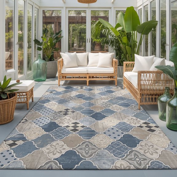 Blue Moroccan Shield 6'x9' Large Area Rugs Modern Abstract Exotic Geometric Grey Checkered Washable Area Rugs Non-Slip Indoor Floor Mats Large Carpet for Living Room Bedroom Dining Room