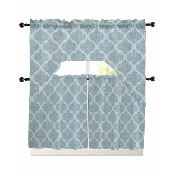 Blue Moroccan Swag Curtains for Living Room/Bedroom Windows, Retro Country Geometric Quatrefoil Plaid Kitchen Curtains and Valances Set 36 Inch Length, Light Filtering Swags Valance Curtain Panels