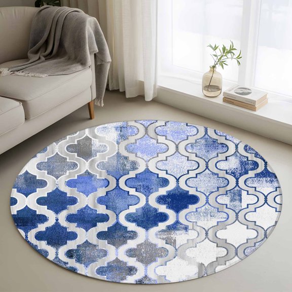 Blue Morocco 3ft Area Rug, Vintage Graffiti Paint Art Boho Dappled Washable Non-Slip Small Round Rugs for Entryway Bedroom Kitchen, Soft Circle Carpet for Dining Room, Playroom Nursery Rug