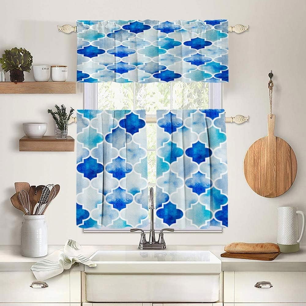Blue Morocco Kitchen Curtains and Valances Set 3 Piece Valances for Living Room,Semi Sheer Short ...
