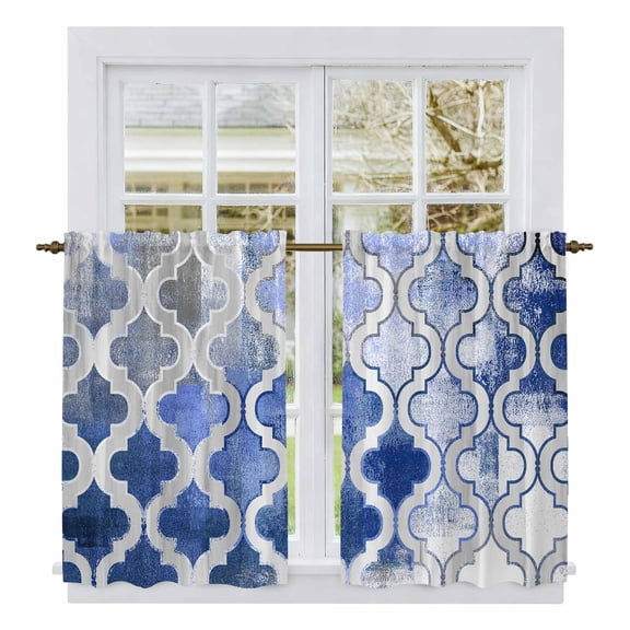 Blue Morocco Kitchen Curtains, Vintage Graffiti Paint Art Boho Dappled Light Filtering Window Curtain Panels, 2Pcs Rod Pocket Window Treatments Set for Cabin Bathroom Bedroom 52x45 Inches