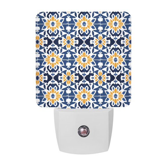 Blue Morocco Night Lights Plug Into Wall, LED Dusk to Dawn Sensor Night Light, Boho Geometric Antique Oriental Pattern Nightlight for Bedroom Bathroom Living Room Hallway Home Wall Decor