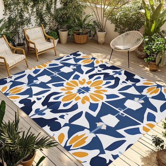 Blue Morocco Outdoor Rug 3x5 Ft - Reversible Patio Rug Outdoor Camping Rugs, Boho Geometric Antique Oriental Pattern Washable Indoor Outdoor Area Rugs, Non-Slip Outdoor Carpet Runner for Deck/Porch