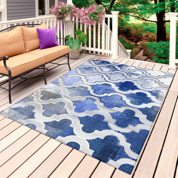 Blue Morocco Outdoor Rug 5x8 Ft, Non Slip Washable Area Rug, Vintage Graffiti Paint Art Boho Dappled Patio Rugs Carpet Runner, Large Floor Mat for Indoor/Outdoor Deck Porch Camping
