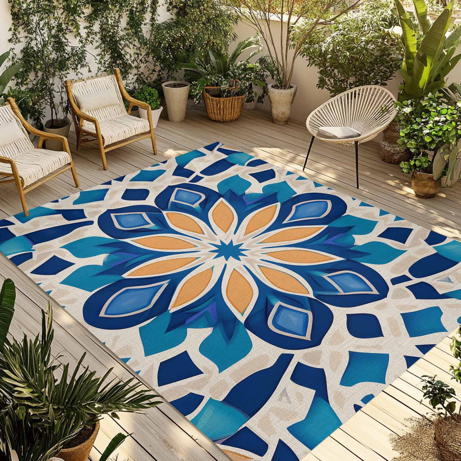 Blue Morocco Outdoor Rug 5x8 Ft - Reversible Patio Rug Outdoor Camping ...