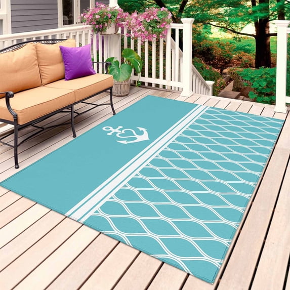 Blue Morocco Outdoor Rug for Patio/Deck/Porch, Non-Slip Large Area Rug 6 x 9 Ft, Modern Geometric Nautical Anchor Stripe Indoor Outdoor Rugs Washable Area Rugs, Reversible Camping Rug Carpet Runner