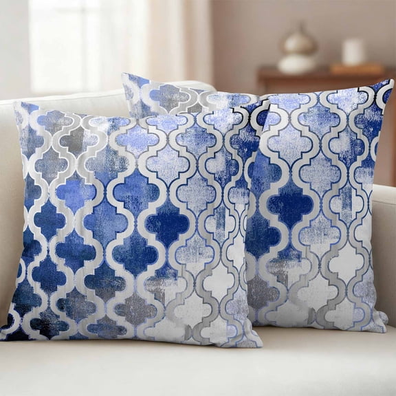 Blue Morocco Outdoor Waterproof Throw Pillow Covers 18x18 Set of 2, Vintage Graffiti Paint Art Boho Dappled Decorative Pillowcases Cushion Pillowcase for Couch Sofa Patio Outside Pillow Protector