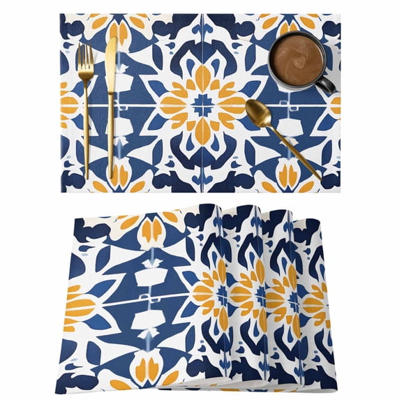 Blue Morocco Placemats Set of 4 Boho Geometric Antique Oriental Pattern Place Mats Indoor Wipeable Table Mats Washable Cloth Dining Table Placemats for Kitchen Holiday Party Home Decor 13x19 Inch