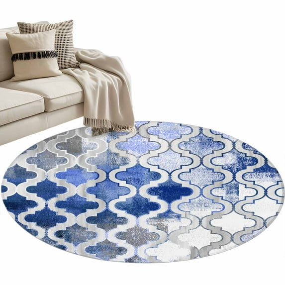 Blue Morocco Round Area Rug 4 FT, Non Slip Indoor Outdoor Rug, Vintage Graffiti Paint Art Boho Dappled Washable Soft Circular Carpet Non-Shedding Floor Mat for Coffee Table Nursery Foyer Balcony