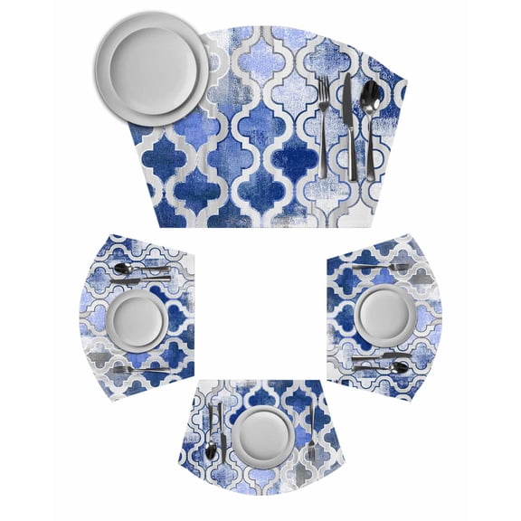 Blue Morocco Round Table Placemats Set of 2 Wedge Placemats, Vintage Graffiti Paint Art Boho Dappled Place Mats for Dining Table Set Washable Mats Kitchen Decor for Indoor Outdoor Wipe Clean