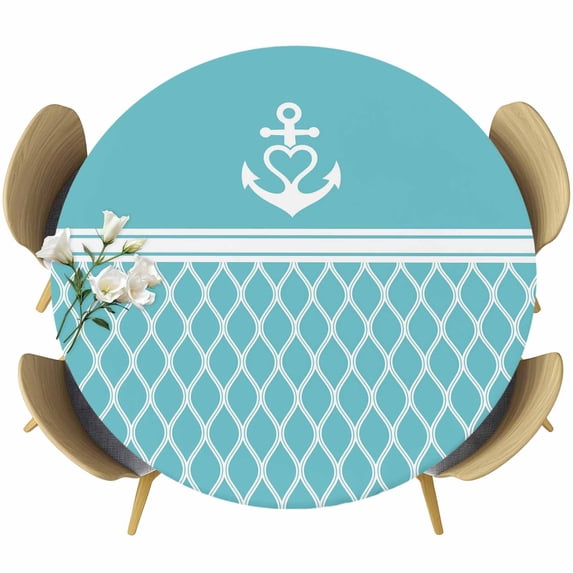 Blue Morocco Round Tablecloth, Fitted Table Cover with Elastic for 55"-60" Round Tables, Modern Geometric Nautical Anchor Stripe Table Cloth Outdoor Indoor Dinning Party Waterproof Tablecloths