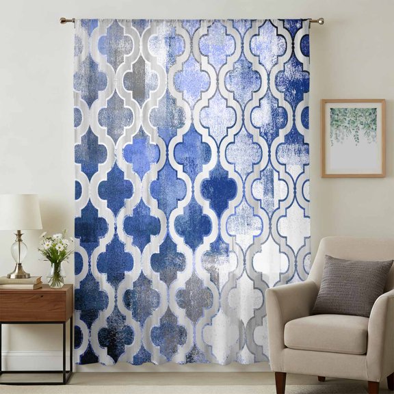 Blue Morocco Sheer Curtains 45 Inches Long, Vintage Graffiti Paint Art Boho Dappled Light Filering Curtains, Breathable Simi Curtain Privacy Drapes for Kitchen Bathroom Small Window Treatment