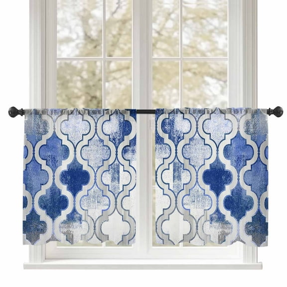 Blue Morocco Sheer Curtains 54 inches Long, Abstract Retro Tribal Geometric Ethnic Light Filtering Sheer Window Curtains Rod Pocket Voile Drapes for Bedroom Living Room, 52"W x 54"L 2 Panels