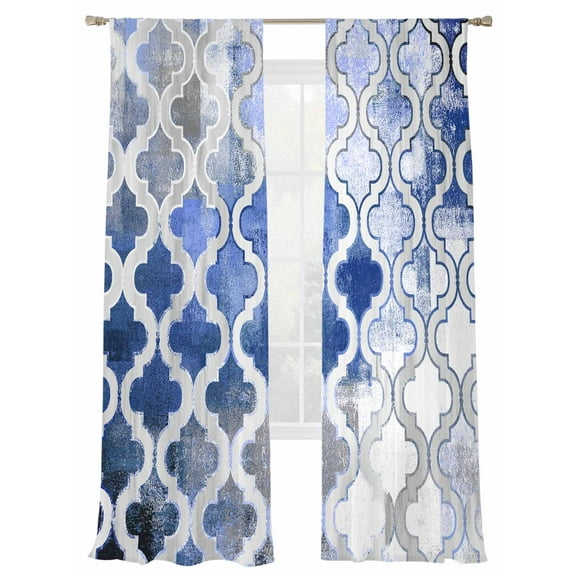 Blue Morocco Sheer Curtains 84 Inch Length 2 Panels Set, Semi Transparent Voile Rod Pocket Curtains for Living Dining Room Bedroom Drapes Vintage Graffiti Paint Art Boho Dappled