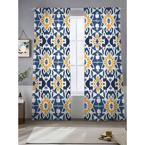 Blue Morocco Sheer Curtains for Living Room Bedroom Boho Geometric Antique Oriental Pattern Sheer Curtains 108 Inch Long 2 Panels Set Light Filtering Curtain Window Treatments Drapes for Dining Room