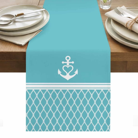 Blue Morocco Table Runner - 36 Inch Long, Kitchen Dining Table Runner Dresser Scarves, Modern Geometric Nautical Anchor Stripe Farmhouse Decor for Coffee Tables Wedding Party Banquet