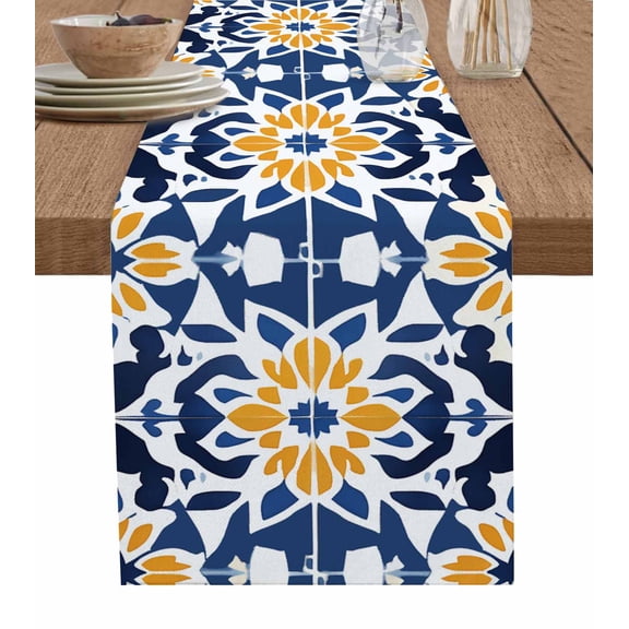 Blue Morocco Table Runner 72 Inches, Boho Geometric Antique Oriental Pattern Bed Runner Dresser Scarves Tabletop for Indoor Outdoor Parties/Ceremony/Banquet, 16" x 72"