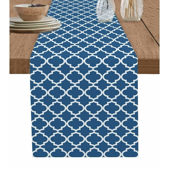 Blue Morocco Table Runners 60 Inches Long, Cotton Linen Fabric Table Runner Dresser Scarf, Farm Country Moroccan Geometric Plaid Tablerunner for Party/Kitchen/Dinner/Wedding Decor 13''x60''