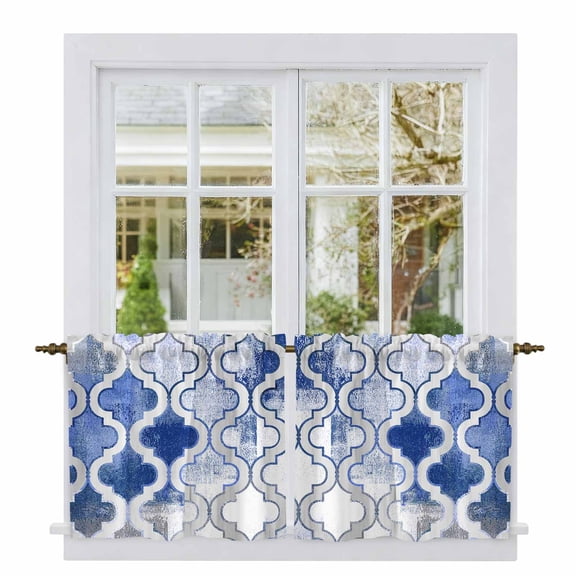 Blue Morocco Tier Curtains, Vintage Graffiti Paint Art Boho Dappled Light Filtering Kitchen Curtains, 2Pcs Rod Pocket Half Window Treatments Panels for Sink Cafe Cabinet Camper 27.5x24 Inches
