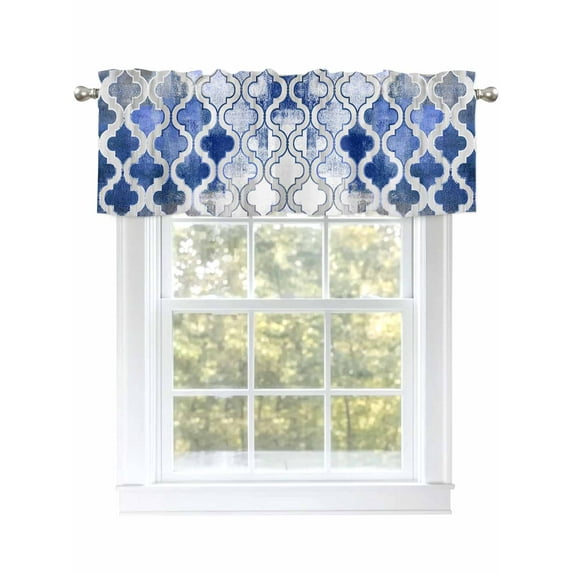 Blue Morocco Valances for Windows Abstract Retro Tribal Geometric Ethnic Rod Pocket Curtains Valance Short Window Treatment Drapes for Living Room, Bedroom Bathroom 54" W x 18" L