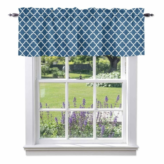 Blue Moroccon Kitchen Curtain Valances for Windows Farmhouse Short Curtains, Middle Century Minimalist Rustic Geometric Rod Pocket Valance Curtain for Bedroom Cafe Living Room