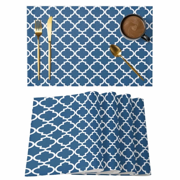 Blue Moroccon Placemats Set of 4 Middle Century Minimalist Rustic Geometric Place Mats Indoor Wipeable Table Mats Washable Cloth Dining Table Placemats for Kitchen Holiday Party Home Decor 13x19 Inch
