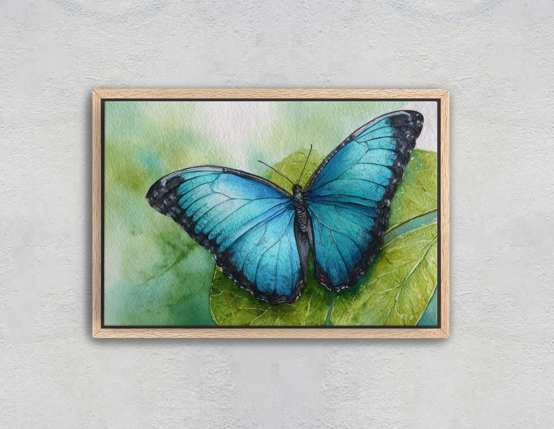 Tropical Inectes Blue Morpho Butterfly Wall Art Print, Green Botanical Background And ...