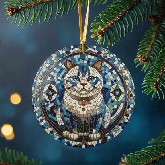 Blue Mosaic Cat Ornament, Stained Glass Look, Ceramic, Double-Sided