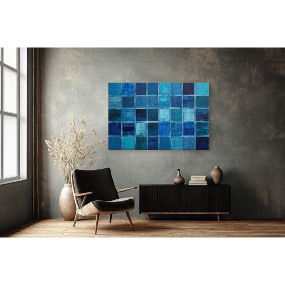 Blue Mosaic Checkered Block Home Accent Wall Art Unframed Paper Print