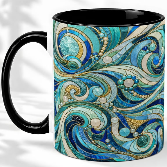 Blue Mosaic Coffee Mug, Turquoise Glass Swirl Art, Coastal Daily Tea Sips