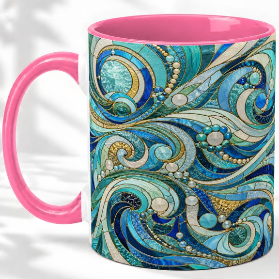 Blue Mosaic Coffee Mug, Turquoise Glass Swirl Art, Coastal Daily Tea Sips