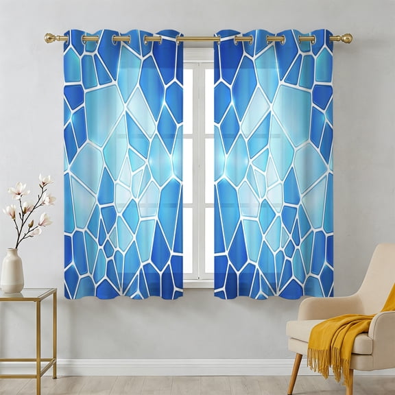 Blue Mosaic Sheer Curtains 39 Inch Long 2 Panels, Modern Abstract Crimson Tiles Geometric Art Light Filtering Semi Sheer Drapes Grommet Voile Window Curtain for Living Bedroom W27.9 x L39