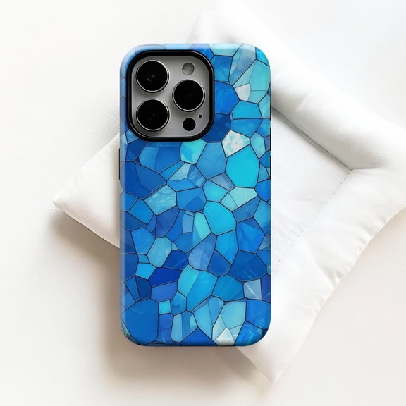 Blue Mosaic Stained Glass Tough Phone Case for iPhone, Glossy Dual Layer Shockproof Protective Cover, Wireless Charging Compatible Gift